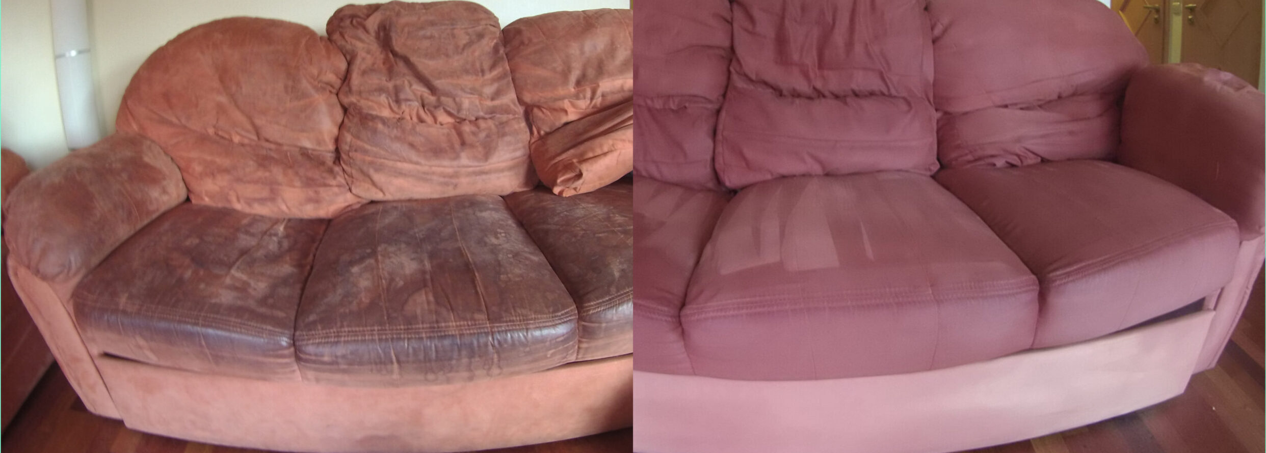 Porównanie przed i po profesjonalnym praniu tapicerki meblowej. Po lewej stronie mocno zabrudzona i poplamiona kanapa, po prawej ta sama kanapa po czyszczeniu, odświeżona i w odzyskanym, jednolitym kolorze. Usługa firmy Facet od Dywanów.